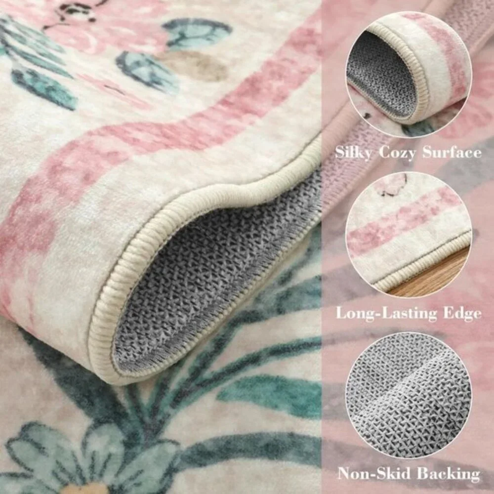 New 5x7 Pink Nursery Area Rug, Washable Non-Slip Floral Carpet for Girls Room